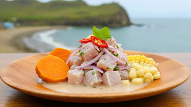 Savor vibrant ceviche with fresh fish, red onion, chili, sweet potatoes, and corn