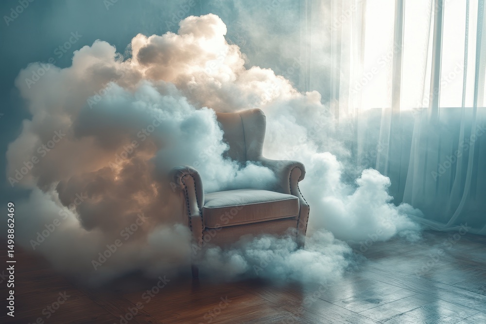 Poster fluffy clouds enveloping a cozy armchair in a serene indoor setting with sunlight filtering through 
