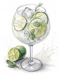 Refreshing cocktail with fresh lime slices and herbs served in a large glass, Gin Tonic