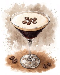 Delicious coffee cocktail served in a sleek martini glass with coffee beans on top, perfect for evening gatherings, Espresso Martini