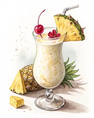 Refreshing tropical drink featuring pineapple and cherry garnishes in a glass, Piña Colada