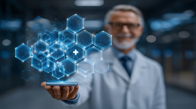 A doctor presents medical technology on a smartphone with glowing hexagonal data visualization display