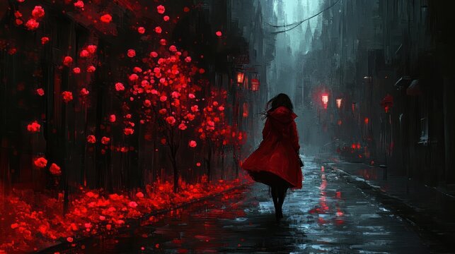 Woman walks rainy gothic street, red roses falling, fantasy art, book cover