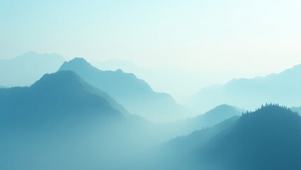 Fototapeta premium Smooth, serene mountain forms veiled by cascading fog in calming azures and silvers, evoking fluidity and an ethereal, tranquil atmosphere.