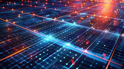Abstract technological grid with glowing nodes and lines representing data flow and connectivity