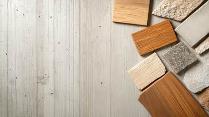 Selection of stone and wood material samples on a textured wooden surface for interior design or construction projects