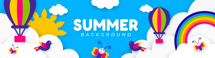 Summer Poster Horizontal Background or banner design. Colorful Design with Hot Air Balloons, Butterflies, Rainbow, Sun, Bird, Flowers, and summer text. used to Spring border frame, sale promo card.