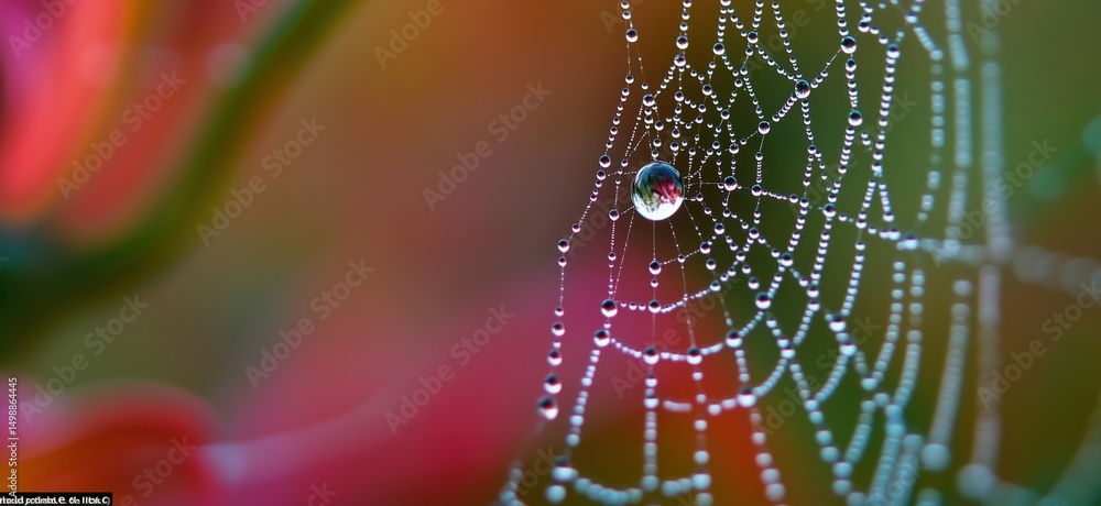 Poster delicate spider web adorned with dew drops reflecting colorful background
