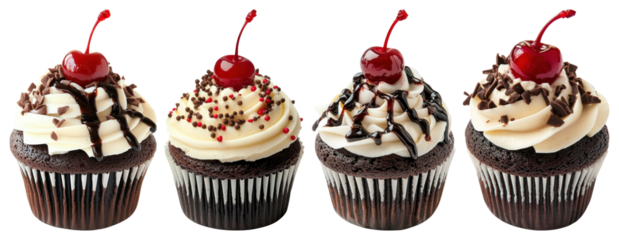 PNG Delicious chocolate cupcakes with cherries, element set on transparent background