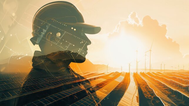 Man wearing hardhat with solar panels and wind turbines in the background at sunset in a field