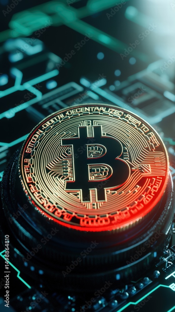 Aufkleber bitcoin coin resting on a computer keyboard symbolizing digital currency and financial technology