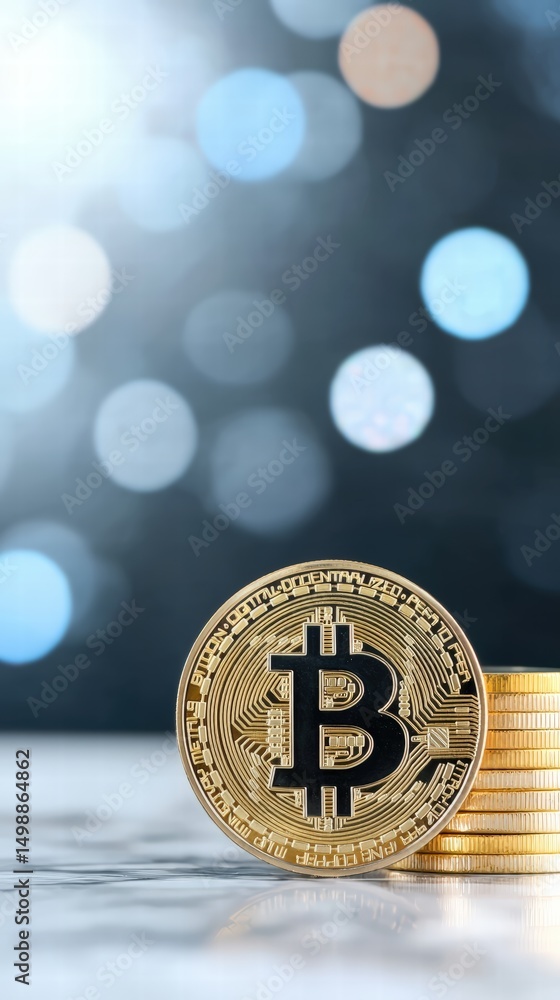 Poster stack of bitcoin coins piled up with a focus on cryptocurrency wealth and digital investment
