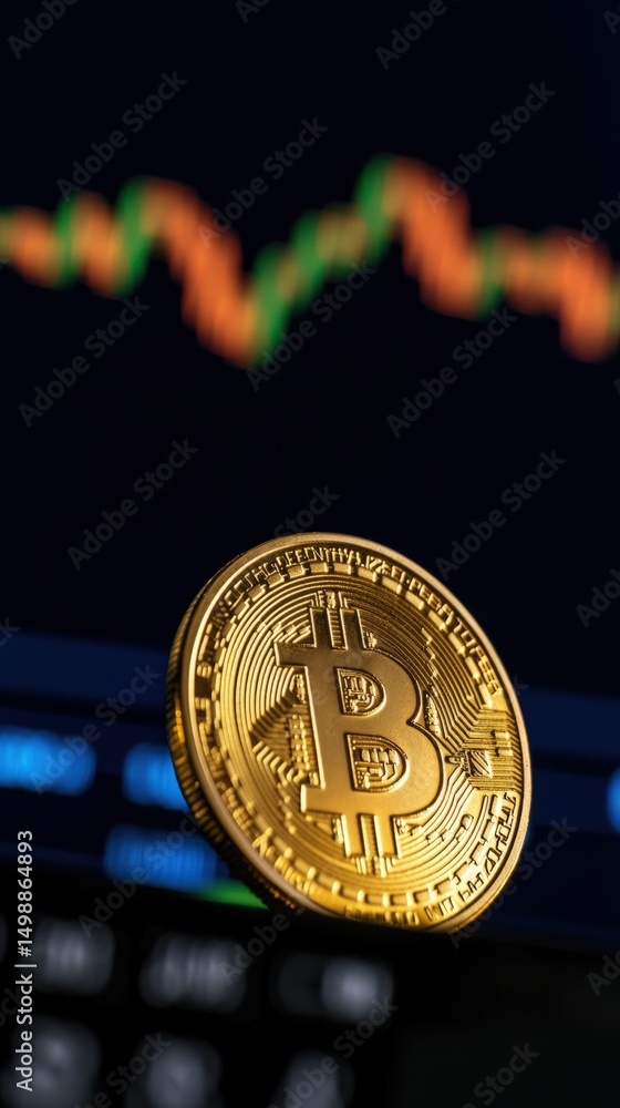 Poster single bitcoin coin resting on a laptop symbolizing the intersection of technology and finance