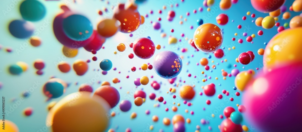 Poster colorful abstract spheres floating in vibrant blue background with depth and motion