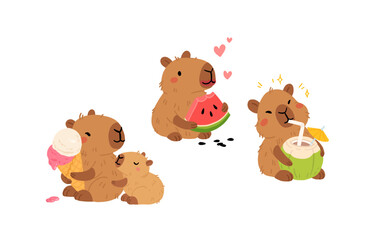 Set of cute summer capybaras in various poses and items. Hand drawn cartoon flat style. Vacation seasonal template for design, kids collection
