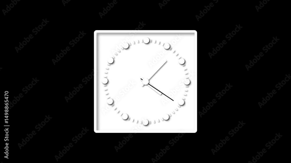 Poster white wall clock animation on black screen. rapid time movement visual for time-lapse effects, produ
