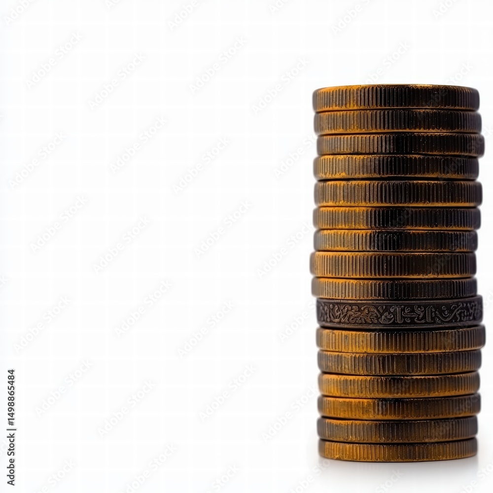 Poster a neatly stacked collection of coins displayed on a light surface highlighting their unique features