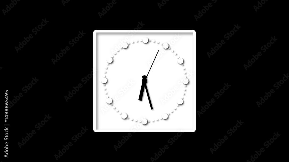 Poster clock time-lapse animation with white wall clock on black background. fast ticking hands for motion 