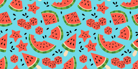 Seamless pattern with pink watermelons and watermelon slices. Hand drawn watermelon pattern on blue background. for fabric, drawing labels, print, wallpaper of children's room, fruits background