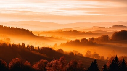 Obraz premium Serene autumn landscape at sunset with layered hills and misty valleys, showcasing nature's beauty