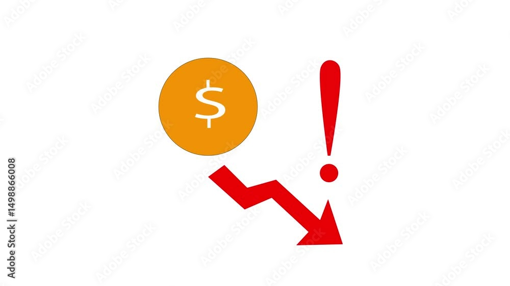Poster falling graph animation or dollar coin with exclamation mark. warning sign motion visual for market 
