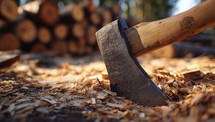 Axe cutting wood and resting on shavings