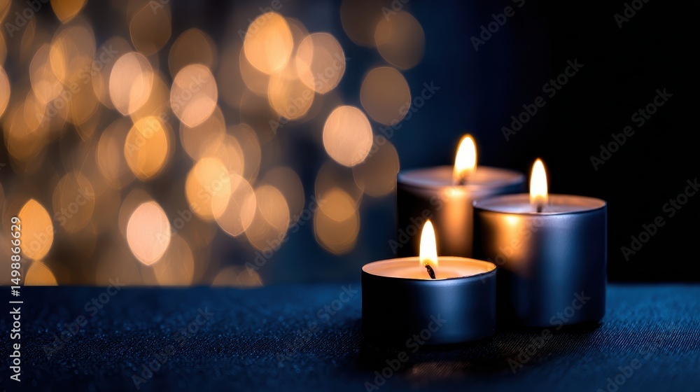 Poster three lit candles on a dark surface with a blurred bokeh background creating a serene atmosphere