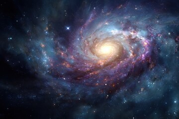 Fototapeta premium Vibrant galaxy with swirling nebulae and bright stars in dark cosmic space, ideal for astronomy websites, educational infographics, and sci-fi branding visuals. 