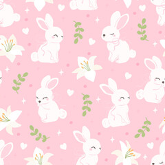 White Bunny Seamless Pattern with Lilies and Hearts, Pastel Spring Nursery Background, Cute Rabbit Floral Design