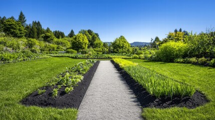 Obraz premium Beautiful garden with a paved path leading through lush greenery and colorful flowers in bloom
