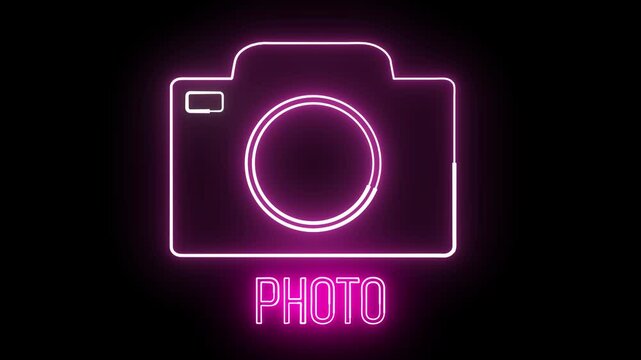 Glowing neon camera icon animation. Isolated on black screen for video editing, film intros, photography branding, and creative visuals.