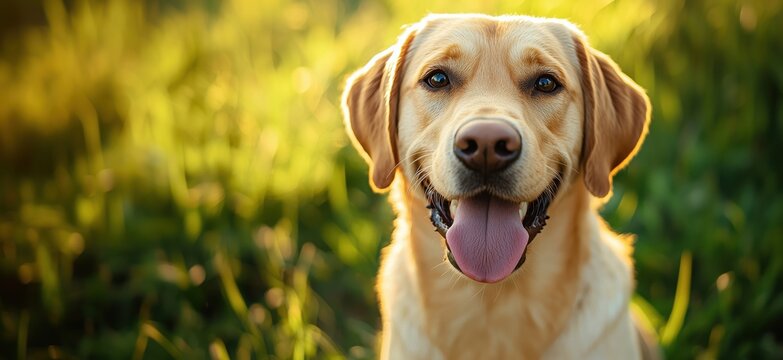 Happy Labrador Retriever smiling in a sunlit grassy field during golden hour