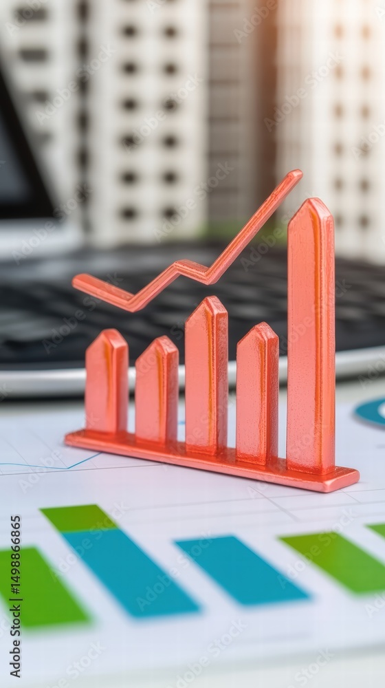 Poster a striking red model of a graph displayed on a desk illustrating data trends and analysis