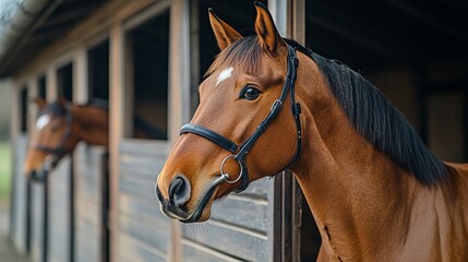 Fototapeta premium A graceful brown horse with a black mane peers from its stable curious and observant capturing the serene beauty of farm
