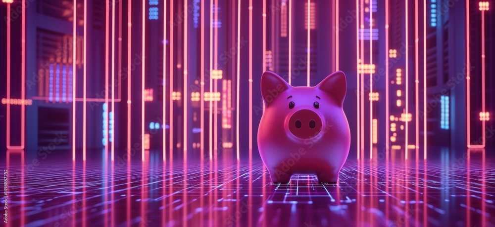 Poster digital piggy bank in futuristic neon environment with glowing lines and data patterns