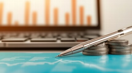 Fototapeta premium A pen resting on a desk surrounded by various coins symbolizing financial planning and budgeting