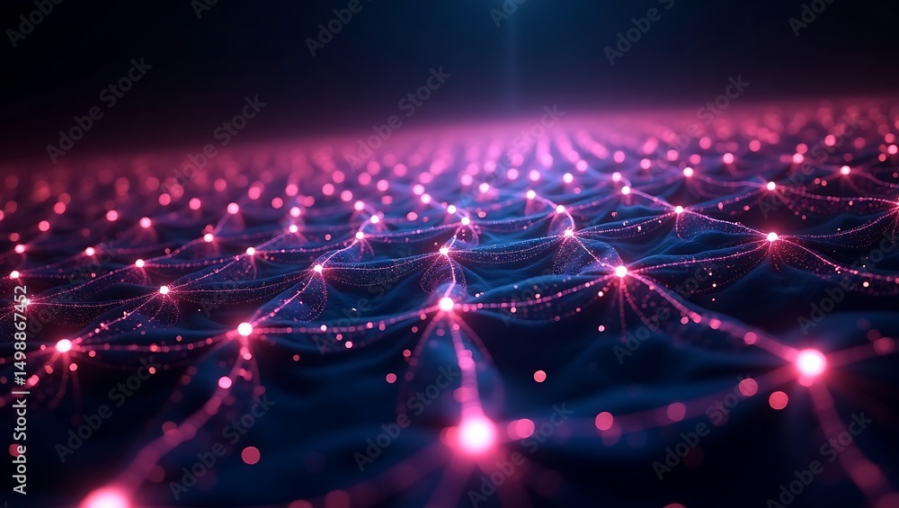 Poster abstract network interconnected nodes and glowing lines in deep space