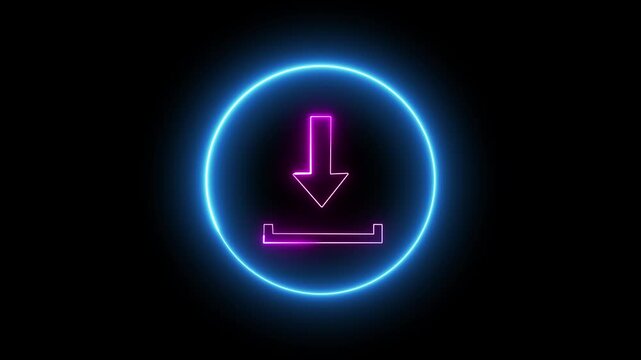 Glowing blue circle download icon animation on black screen. Modern motion graphic for software downloads, websites, and user interface.