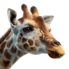 Giraffe eating plants safari animal photography natural habitat close-up view transparent background