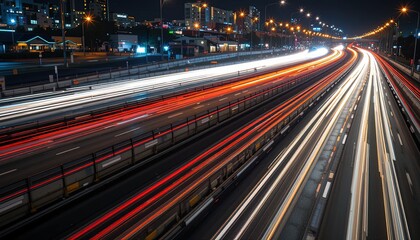 Obraz premium City highway at night with trails of vehicle lights.