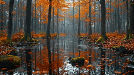 Misty autumn forest reflecting in a still pool