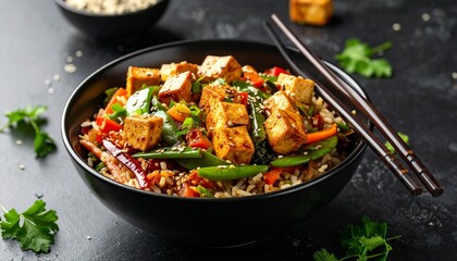 Fototapeta premium Delicious Tofu Stir-Fry with Rice and Vegetables A Healthy and Flavorful Recipe