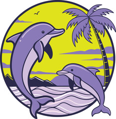 Dolphin with sunset clipart sea vector illustration art