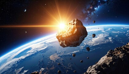 Cinematic space scene with massive asteroid nearing Earth under dramatic skies