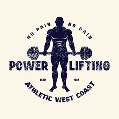 Sport emblem with powerlifter silhouette. Graphic design with rough texture for t-shirt. Black print on white background