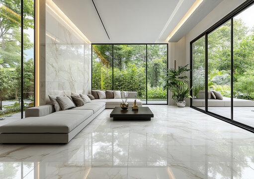 Fototapeta Modern living room interior with large windows and a garden view