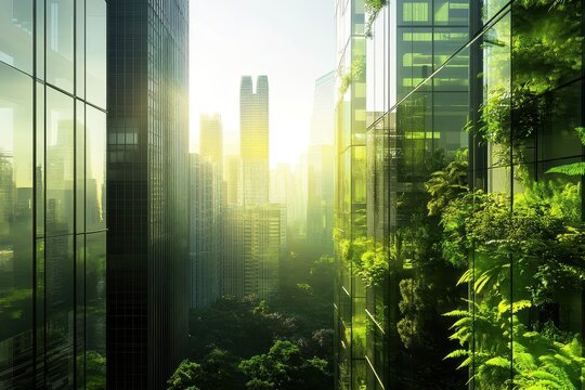 Sustainable architecture showcasing green construction techniques in a modern urban landscape on a sunny morning