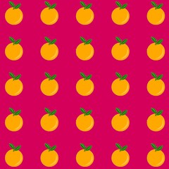 Seamless pattern of oranges with green leaves on a dark pink background. Perfect for fresh, fruity, and vibrant-themed designs