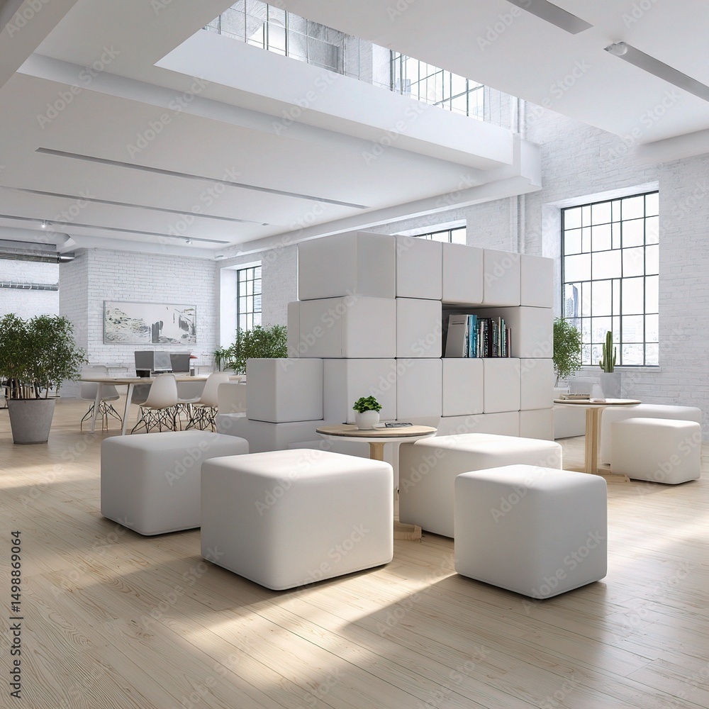 Poster modern office space with modular partitions and comfortable seating