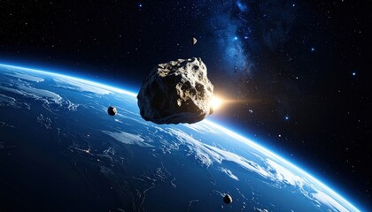 Space rock soaring near Earth with cosmic background and luminous galaxies